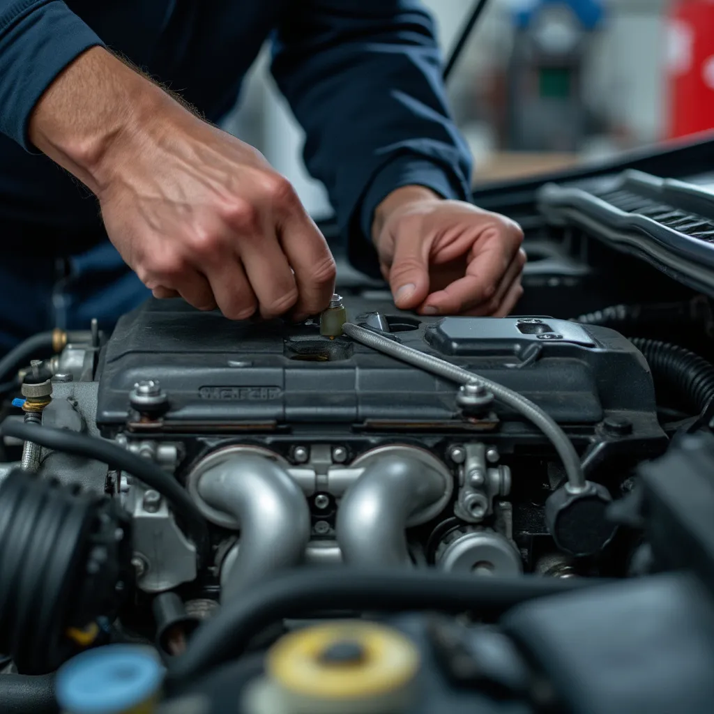 Detalle de un motor de coche siendo reparado con precisión